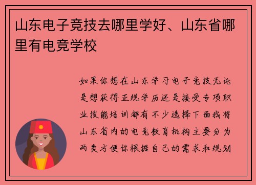 山东电子竞技去哪里学好、山东省哪里有电竞学校
